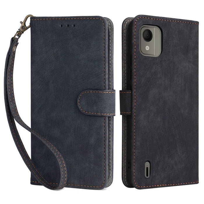 For Nokia C110 Mobile Phone Case RFID Blocking Wallet Stand PU Leather Phone Cover with Strap - Black - 1