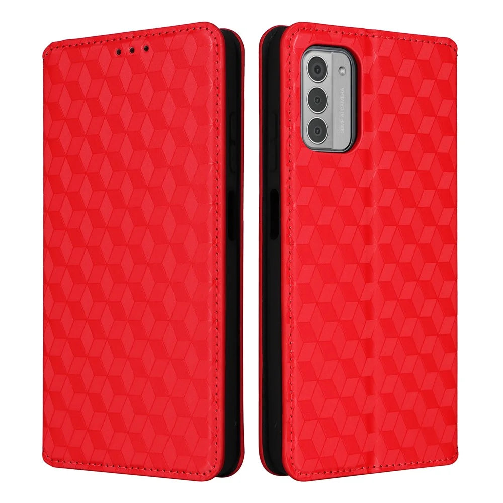 Phone Shell for Nokia G310 PU Leather Rhombus Imprinted Wallet Case Stand Flip Phone Cover - Red - 1