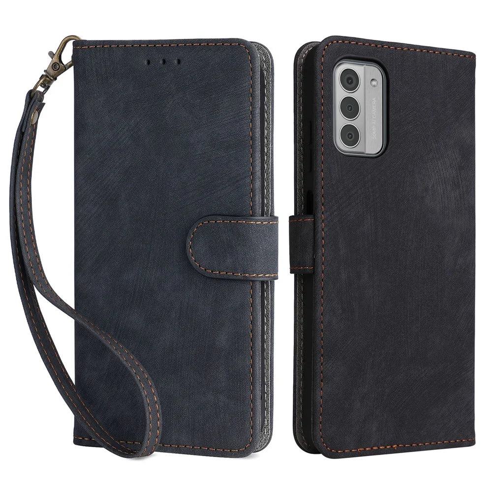 For Nokia G310 Supporting Stand PU Leather Case RFID Blocking Wallet Phone Cover with Strap - Black - 1