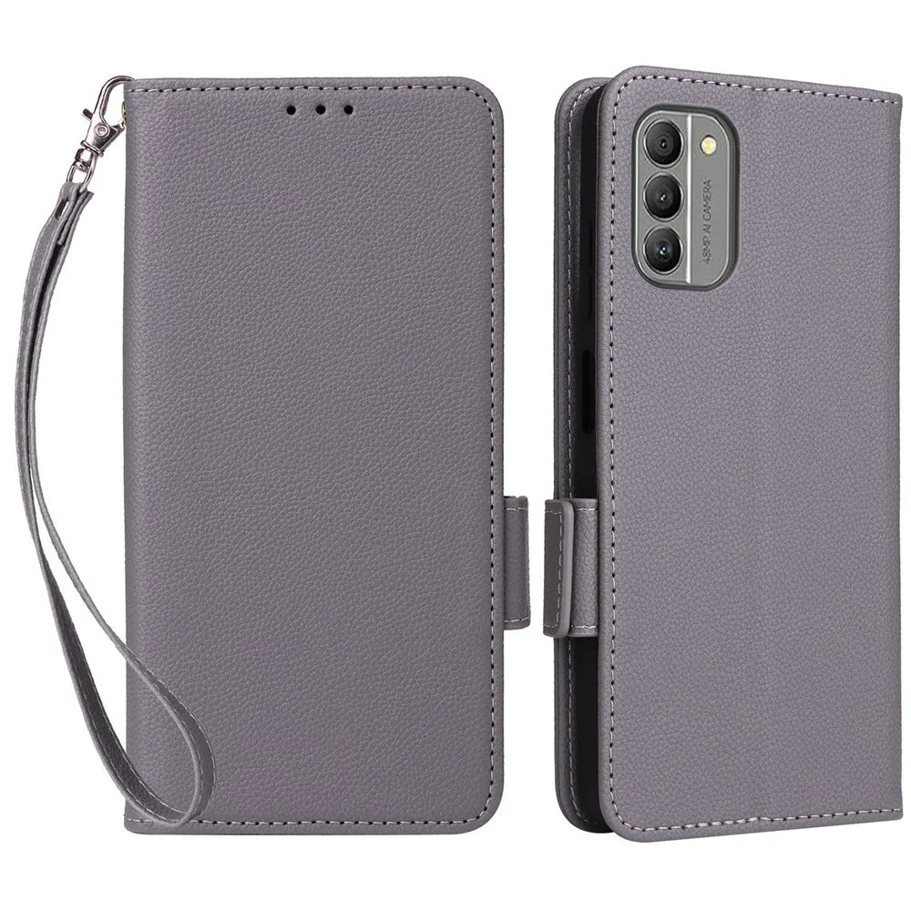 For Nokia G310 Litchi Texture PU Leather Cell Phone Case Wallet Stand Anti-Fingerprint Cover - Grey - 1