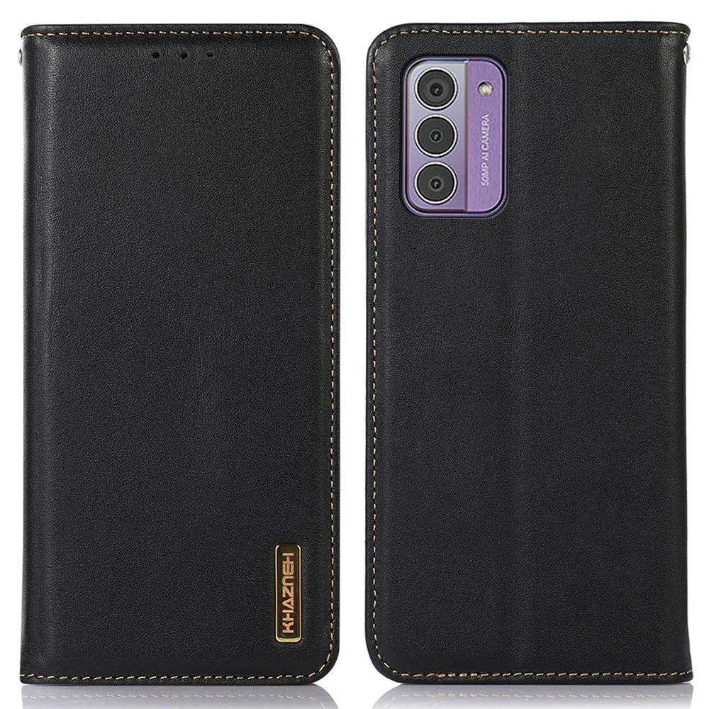 KHAZNEH For Nokia G42 Genuine Cow Leather Cell Phone Case Stand Cover RFID Blocking Wallet Shell - Black - 1
