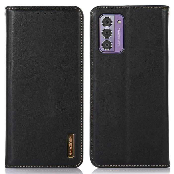 KHAZNEH For Nokia G42 Genuine Cow Leather Cell Phone Case Stand Cover RFID Blocking Wallet Shell - Black - 1