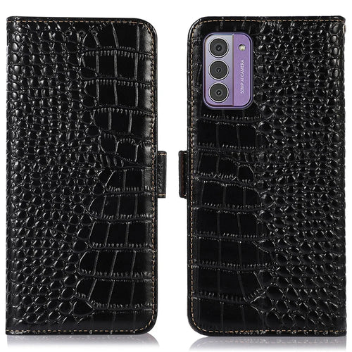 For Nokia G42 Wallet Phone Case Genuine Cow Leather Stand Crocodile Texture RFID Blocking Cover - Black - 1