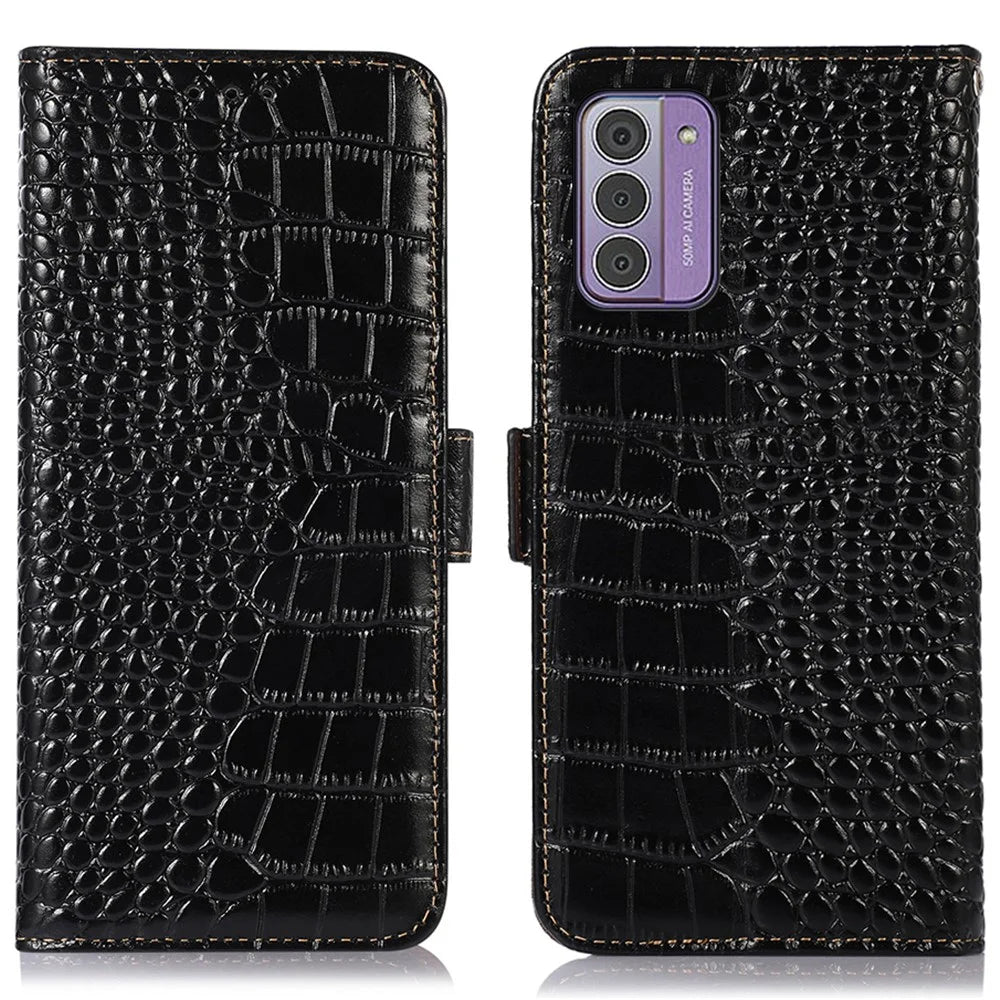 For Nokia G42 Wallet Phone Case Genuine Cow Leather Stand Crocodile Texture RFID Blocking Cover - Black - 1