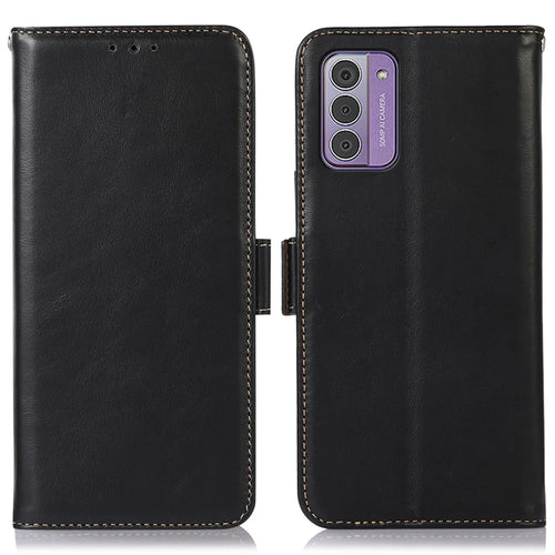 For Nokia G42 RFID Blocking Wallet Stand Phone Cover Genuine Cow Leather + TPU Cell Phone Case - Black - 1