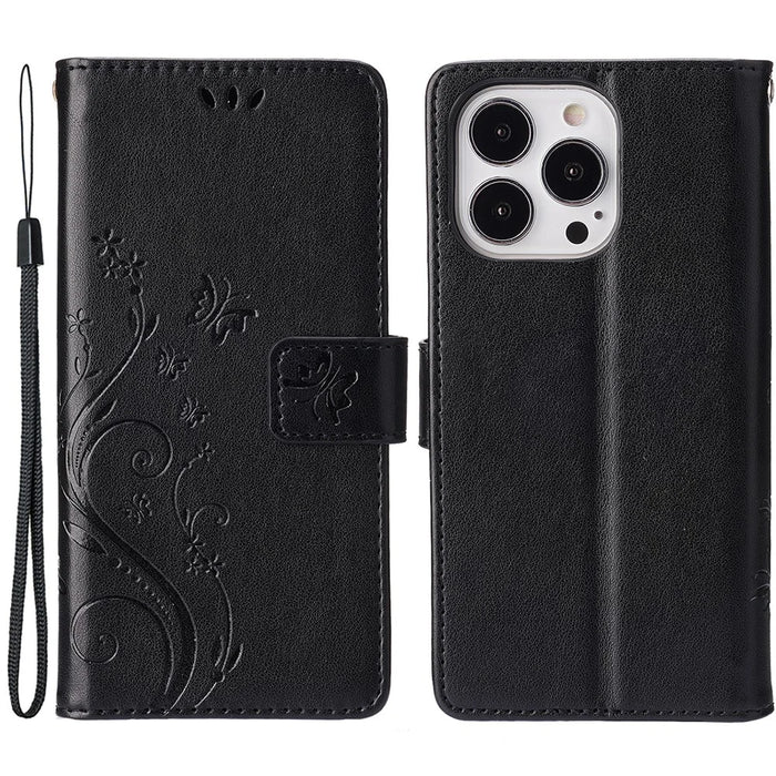 For iPhone 15 Pro Max Cell Phone Case Imprinted Butterflies PU Leather Wallet Cover Stand with Strap - Black - 1
