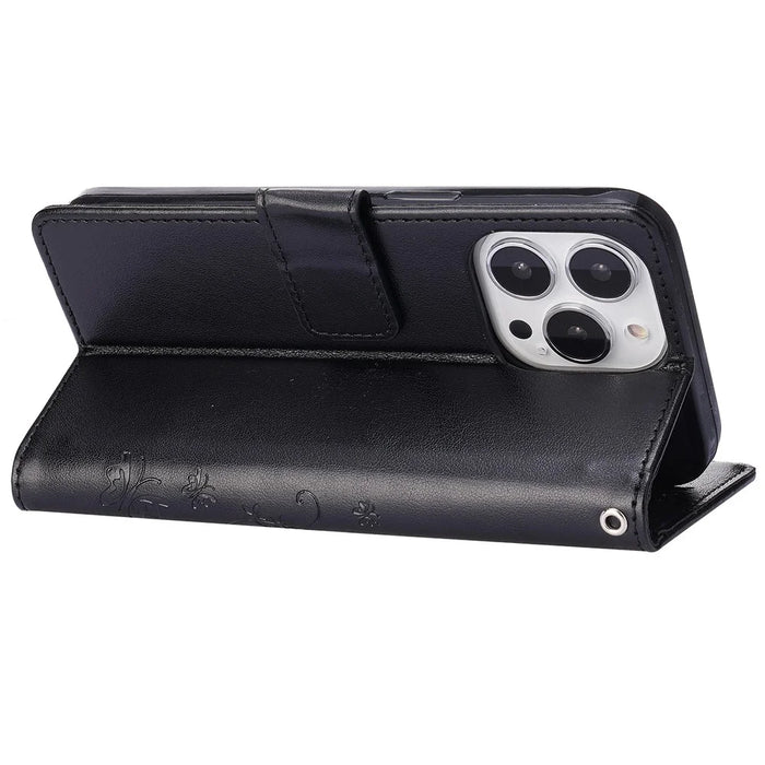 For iPhone 15 Pro Max Cell Phone Case Imprinted Butterflies PU Leather Wallet Cover Stand with Strap - Black - 4