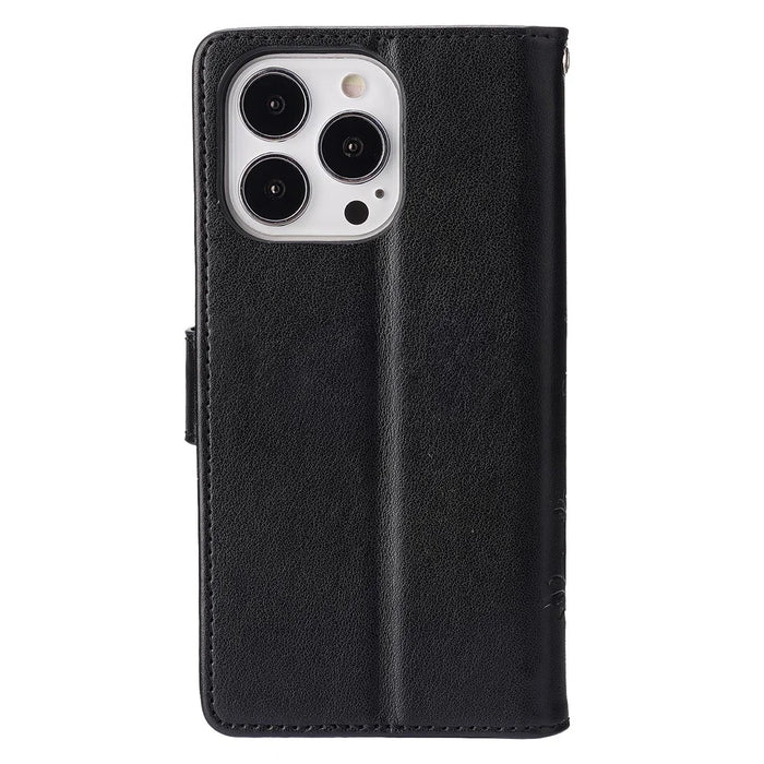 For iPhone 15 Pro Max Cell Phone Case Imprinted Butterflies PU Leather Wallet Cover Stand with Strap - Black - 7