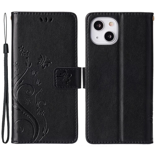 For iPhone 15 Imprinted Butterflies Mobile Phone  Stand Case PU Leather Wallet Shell with Strap - Black - 1