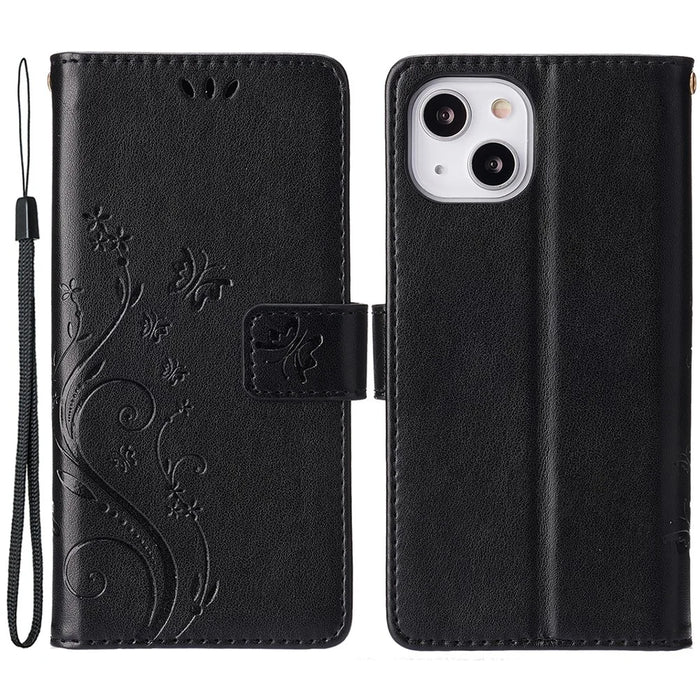 For iPhone 15 Imprinted Butterflies Mobile Phone  Stand Case PU Leather Wallet Shell with Strap - Black - 1