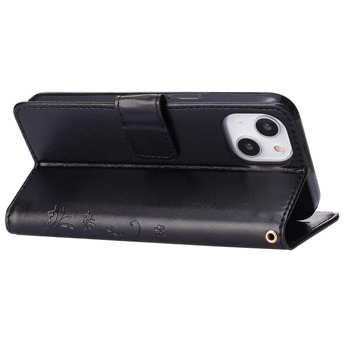 For iPhone 15 Imprinted Butterflies Mobile Phone  Stand Case PU Leather Wallet Shell with Strap - Black - 4