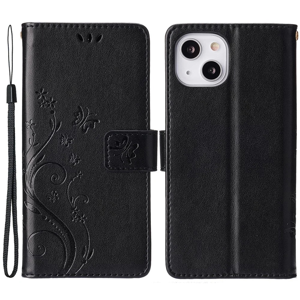 For iPhone 15 Plus PU Leather Wallet Cover Cell Phone Case Imprinted Butterflies Shell Stand with Strap - Black - 1