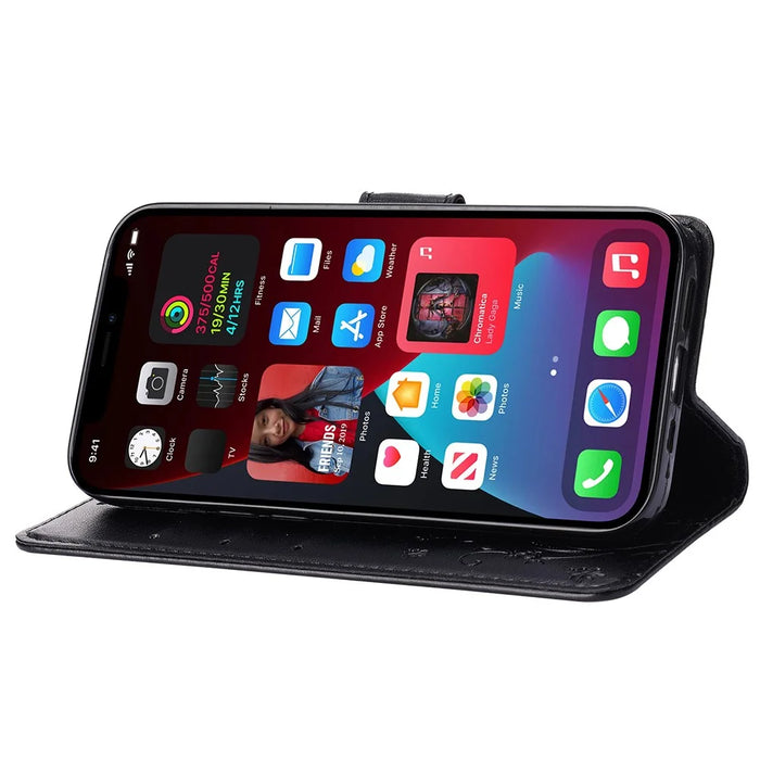 For iPhone 15 Plus PU Leather Wallet Cover Cell Phone Case Imprinted Butterflies Shell Stand with Strap - Black - 3