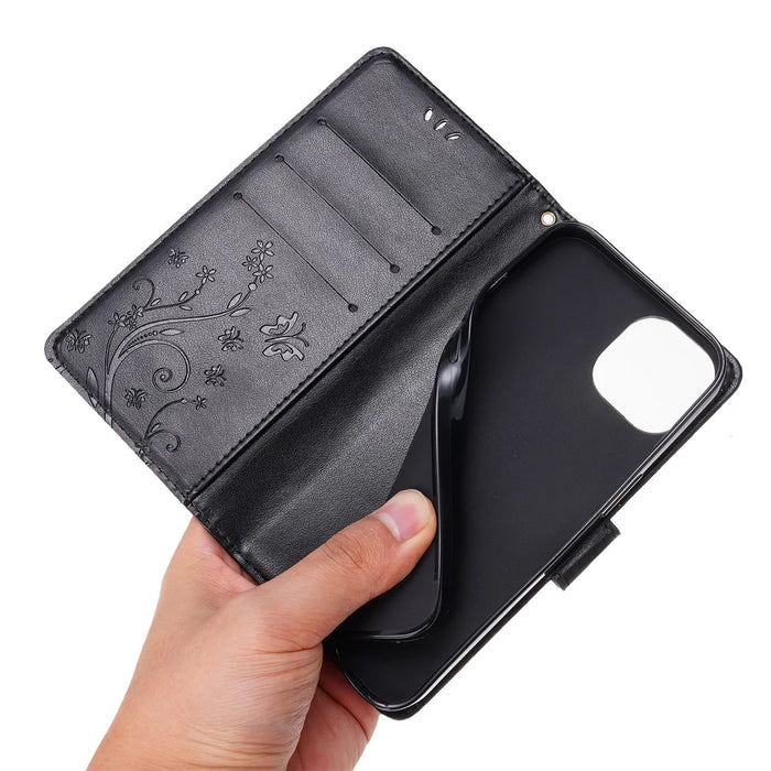 For iPhone 15 Plus PU Leather Wallet Cover Cell Phone Case Imprinted Butterflies Shell Stand with Strap - Black - 5