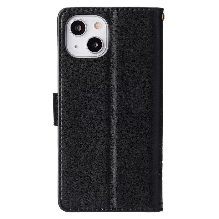 For iPhone 15 Plus PU Leather Wallet Cover Cell Phone Case Imprinted Butterflies Shell Stand with Strap - Black - 7