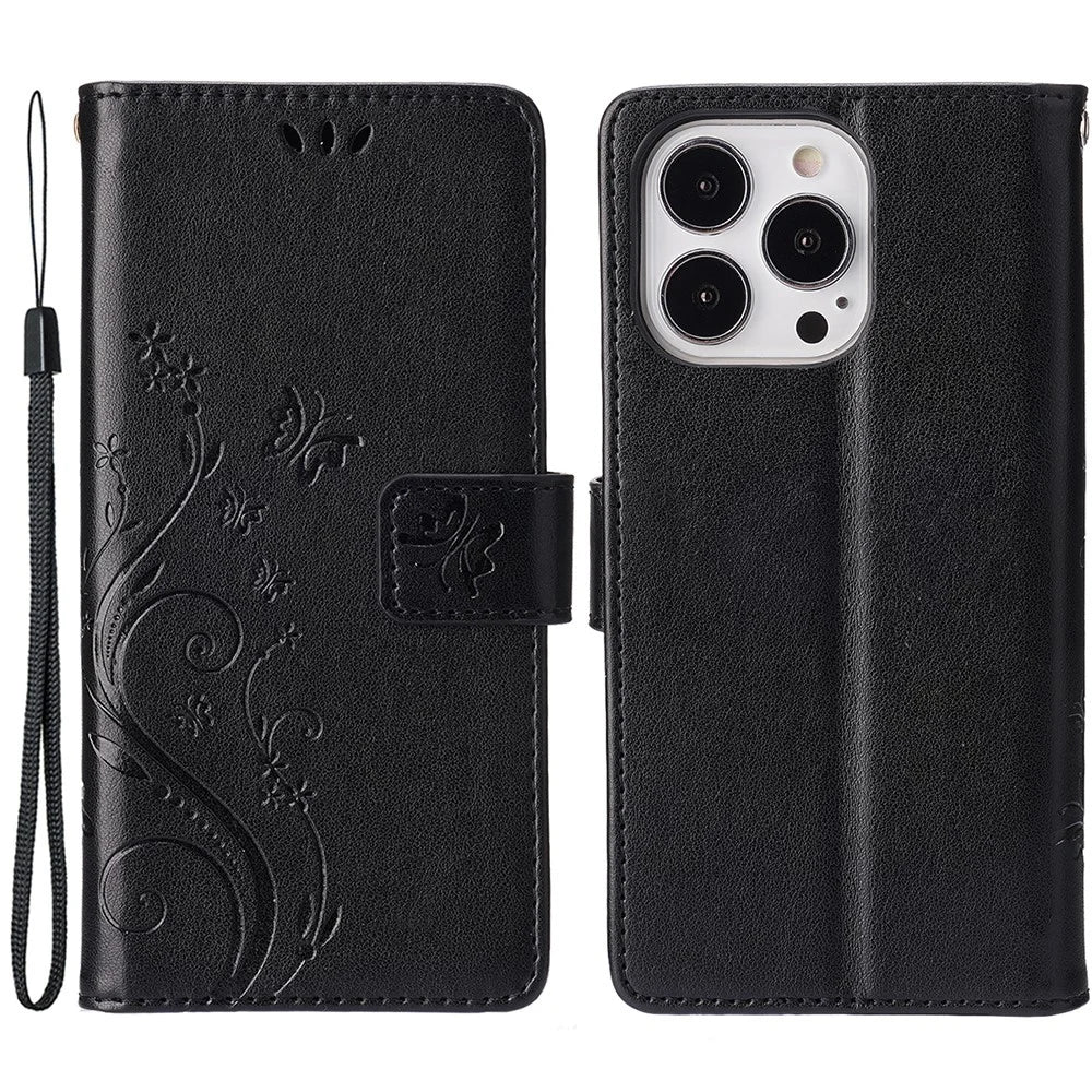 For iPhone 15 Pro Phone Protector Shell Imprinted Butterflies PU Leather Wallet Stand Cover with Strap - Black - 1
