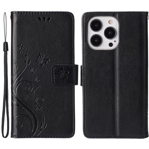 For iPhone 15 Pro Phone Protector Shell Imprinted Butterflies PU Leather Wallet Stand Cover with Strap - Black - 1