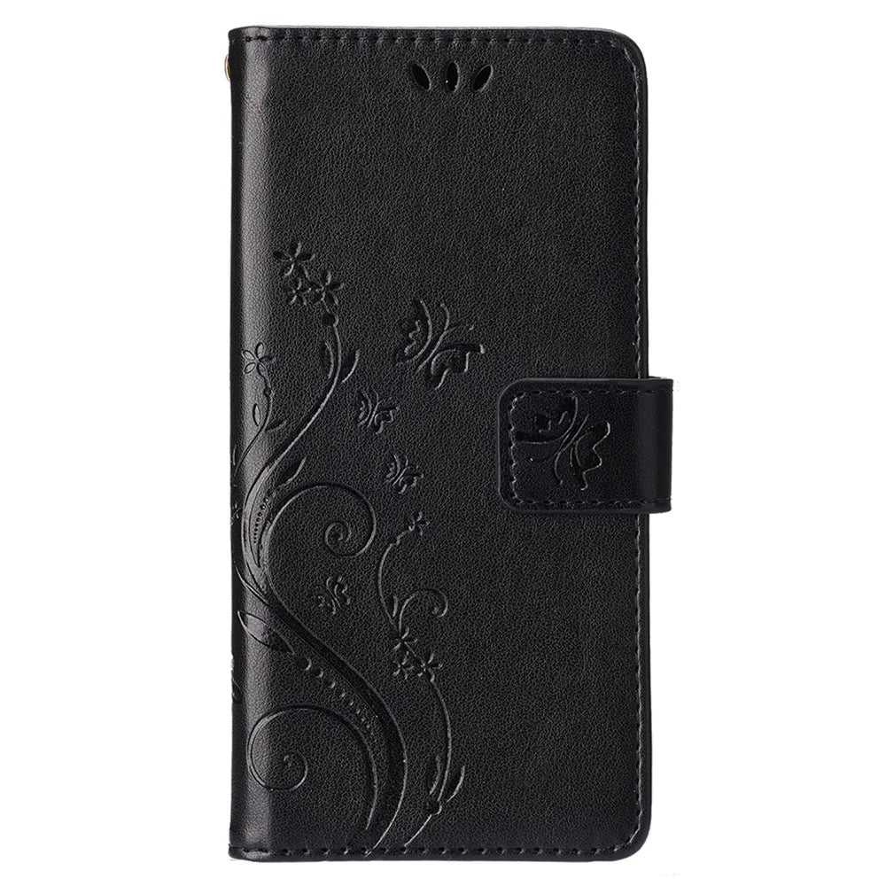 For iPhone 15 Pro Phone Protector Shell Imprinted Butterflies PU Leather Wallet Stand Cover with Strap - Black - 6