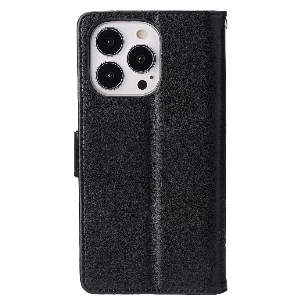 For iPhone 15 Pro Phone Protector Shell Imprinted Butterflies PU Leather Wallet Stand Cover with Strap - Black - 7