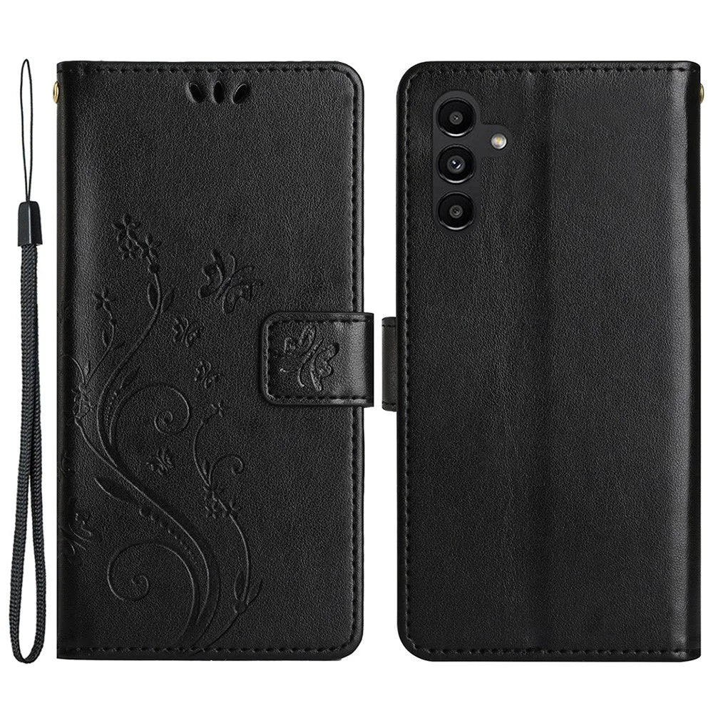 For Samsung Galaxy S23 FE Imprinted Butterflies Mobile Phone Case PU Leather Wallet Cover Stand with Strap - Black - 1