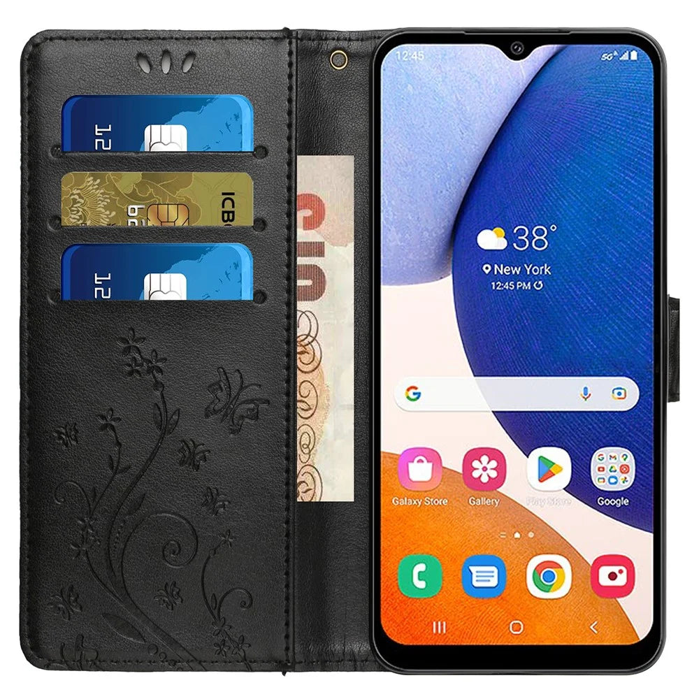 For Samsung Galaxy S23 FE Imprinted Butterflies Mobile Phone Case PU Leather Wallet Cover Stand with Strap - Black - 2