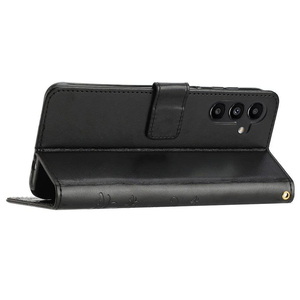 For Samsung Galaxy S23 FE Imprinted Butterflies Mobile Phone Case PU Leather Wallet Cover Stand with Strap - Black - 4