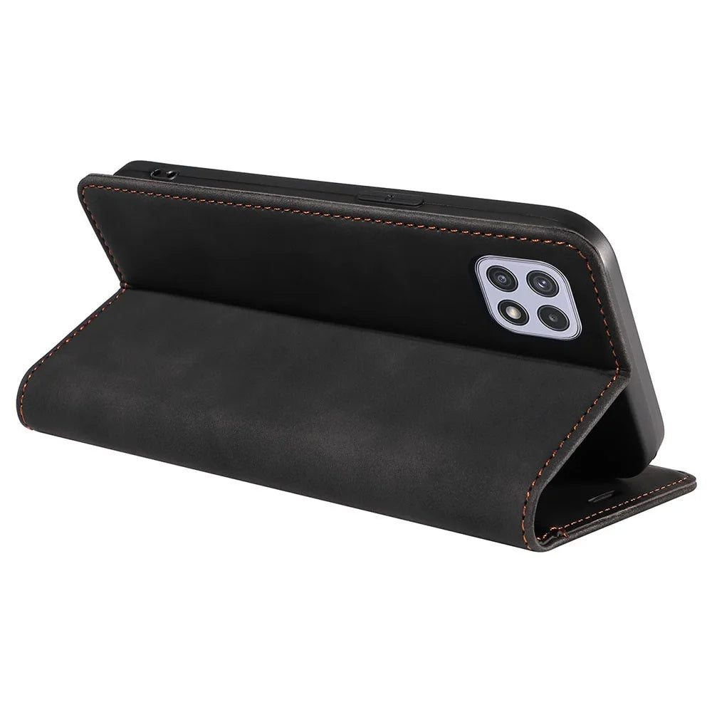 BETOPNICE 003 For Samsung Galaxy A22 5G (EU Version) Wallet PU Leather Shell RFID Blocking Flip Cover Stand Phone Case - Black - 4