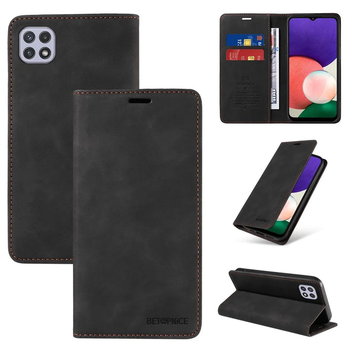 BETOPNICE 003 For Samsung Galaxy A22 5G (EU Version) Wallet PU Leather Shell RFID Blocking Flip Cover Stand Phone Case - Black - 6
