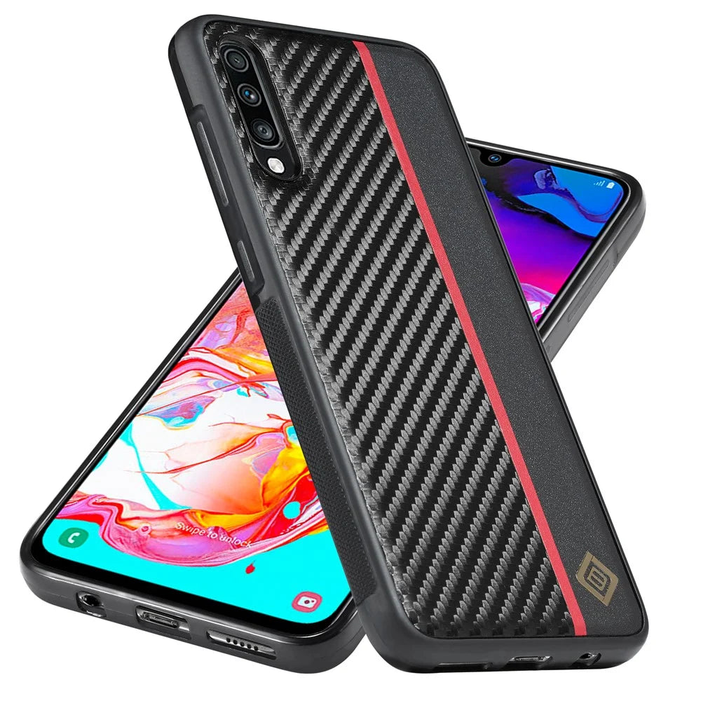 LC.IMEEKE Leather Coated TPU + EVA Case for Samsung Galaxy A70 , Carbon Fiber Splicing Phone Cover - 6