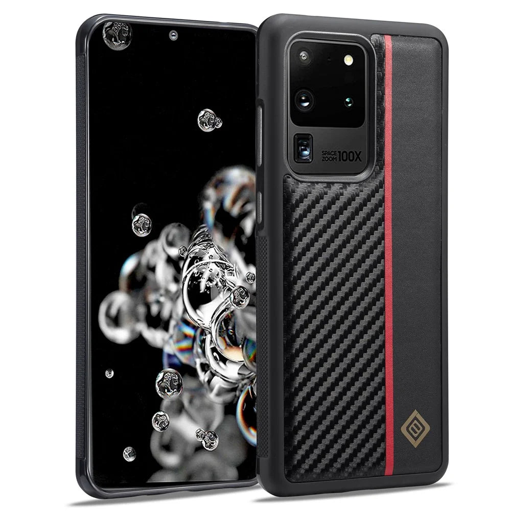 LC.IMEEKE Carbon Fiber Splicing Case for Samsung Galaxy S20 Ultra , PU Leather Coated TPU + EVA Cover - 1