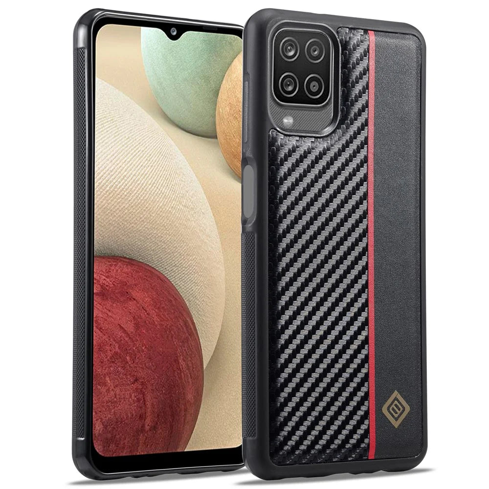 LC.IMEEKE For Samsung Galaxy A12 PU Leather Coated TPU + EVA Case Carbon Fiber Phone Cover - 1