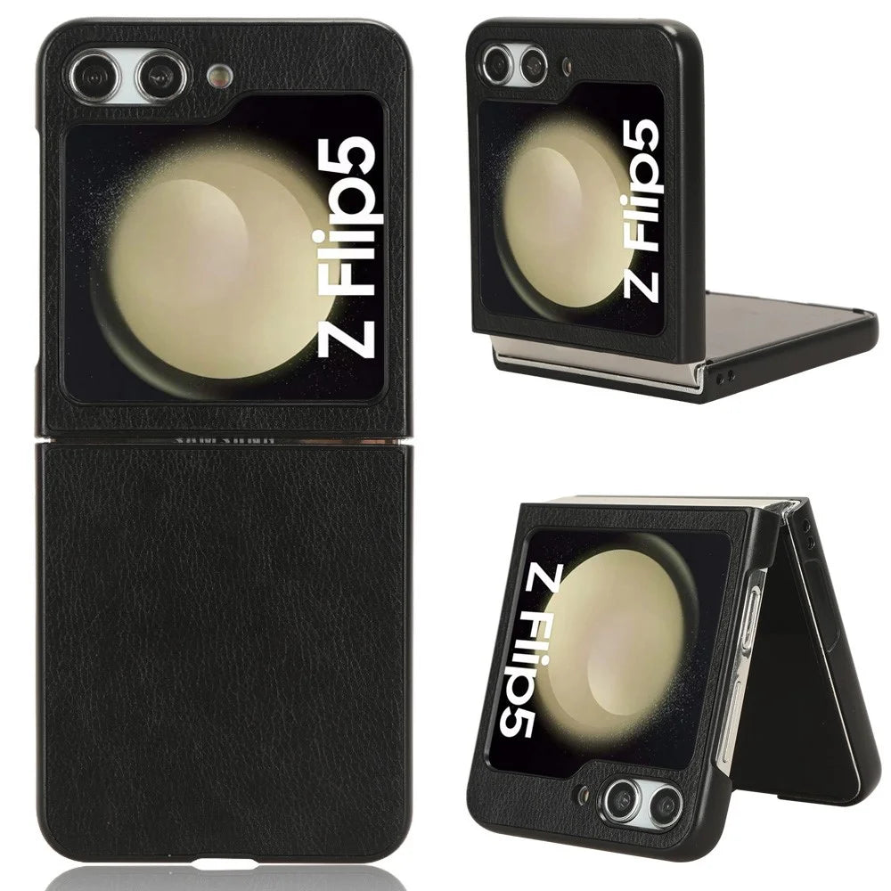 For Samsung Galaxy Z Flip5 5G Litchi Texture Leather + PC Phone Case Slim Anti-Scratch Cover - Black - 1