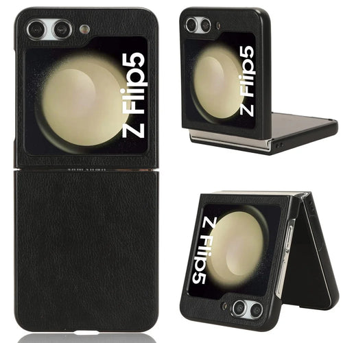 For Samsung Galaxy Z Flip5 5G Litchi Texture Leather + PC Phone Case Slim Anti-Scratch Cover - Black - 1