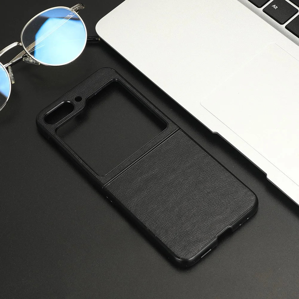 For Samsung Galaxy Z Flip5 5G Litchi Texture Leather + PC Phone Case Slim Anti-Scratch Cover - Black - 5