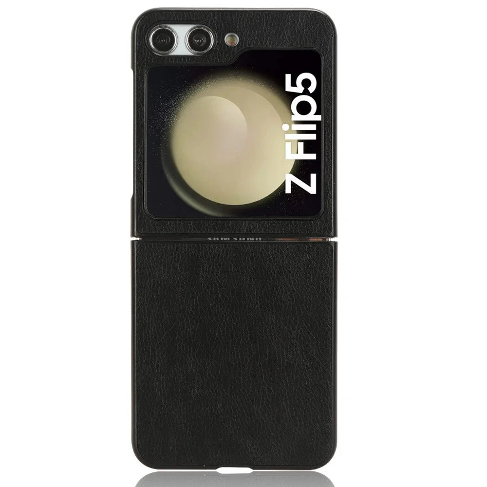 For Samsung Galaxy Z Flip5 5G Litchi Texture Leather + PC Phone Case Slim Anti-Scratch Cover - Black - 6