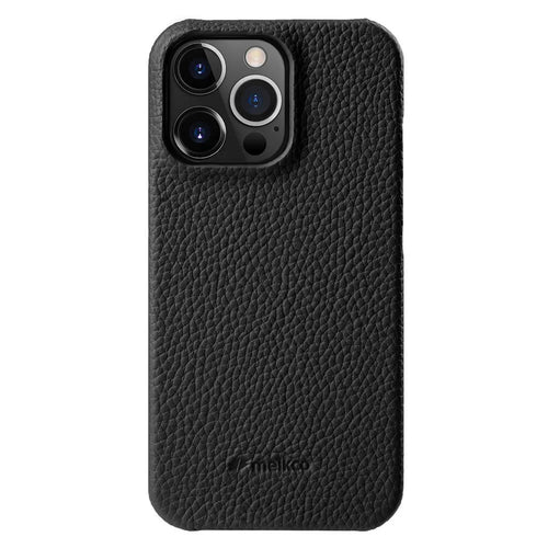 MELKCO For iPhone 14 Pro Max Genuine Cow Leather Coated PC Back Case Soft Microfiber Lining Incomplete Cover Phone Case - Black - 1