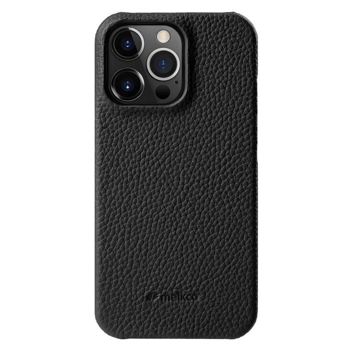 MELKCO For iPhone 14 Pro Max Genuine Cow Leather Coated PC Back Case Soft Microfiber Lining Incomplete Cover Phone Case - Black - 1