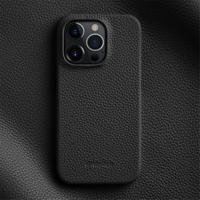 MELKCO For iPhone 14 Pro Max Genuine Cow Leather Coated PC Back Case Soft Microfiber Lining Incomplete Cover Phone Case - Black - 2