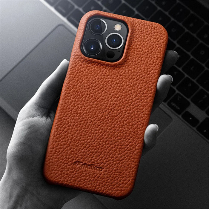 MELKCO For iPhone 14 Pro Max Genuine Cow Leather Coated PC Back Case Soft Microfiber Lining Incomplete Cover Phone Case - Black - 3