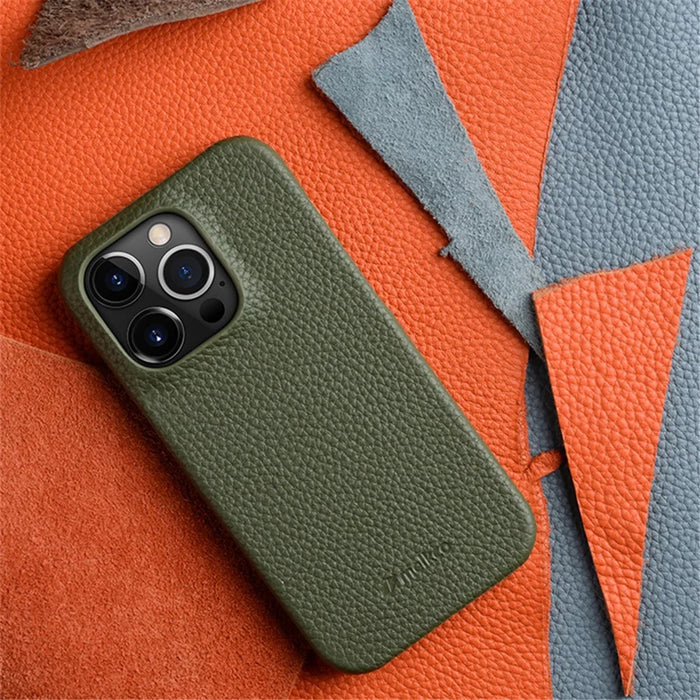 MELKCO For iPhone 14 Pro Max Genuine Cow Leather Coated PC Back Case Soft Microfiber Lining Incomplete Cover Phone Case - Black - 5