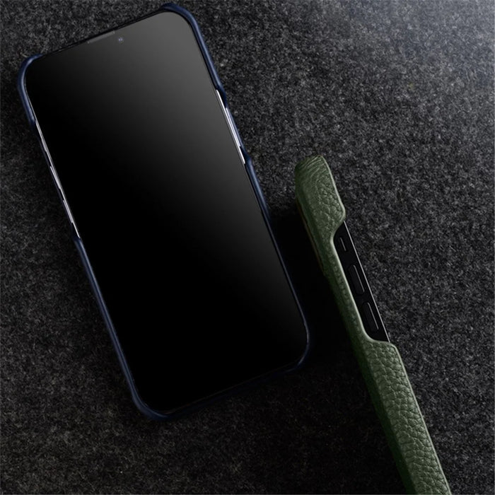 MELKCO For iPhone 14 Pro Max Genuine Cow Leather Coated PC Back Case Soft Microfiber Lining Incomplete Cover Phone Case - Black - 7