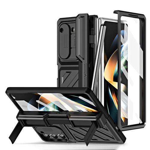 For Samsung Galaxy Z Fold5 5G Slide Camera Protection Phone Case Hard PC Kickstand Cover with Tempered Glass Film / Stylus - Black - 1