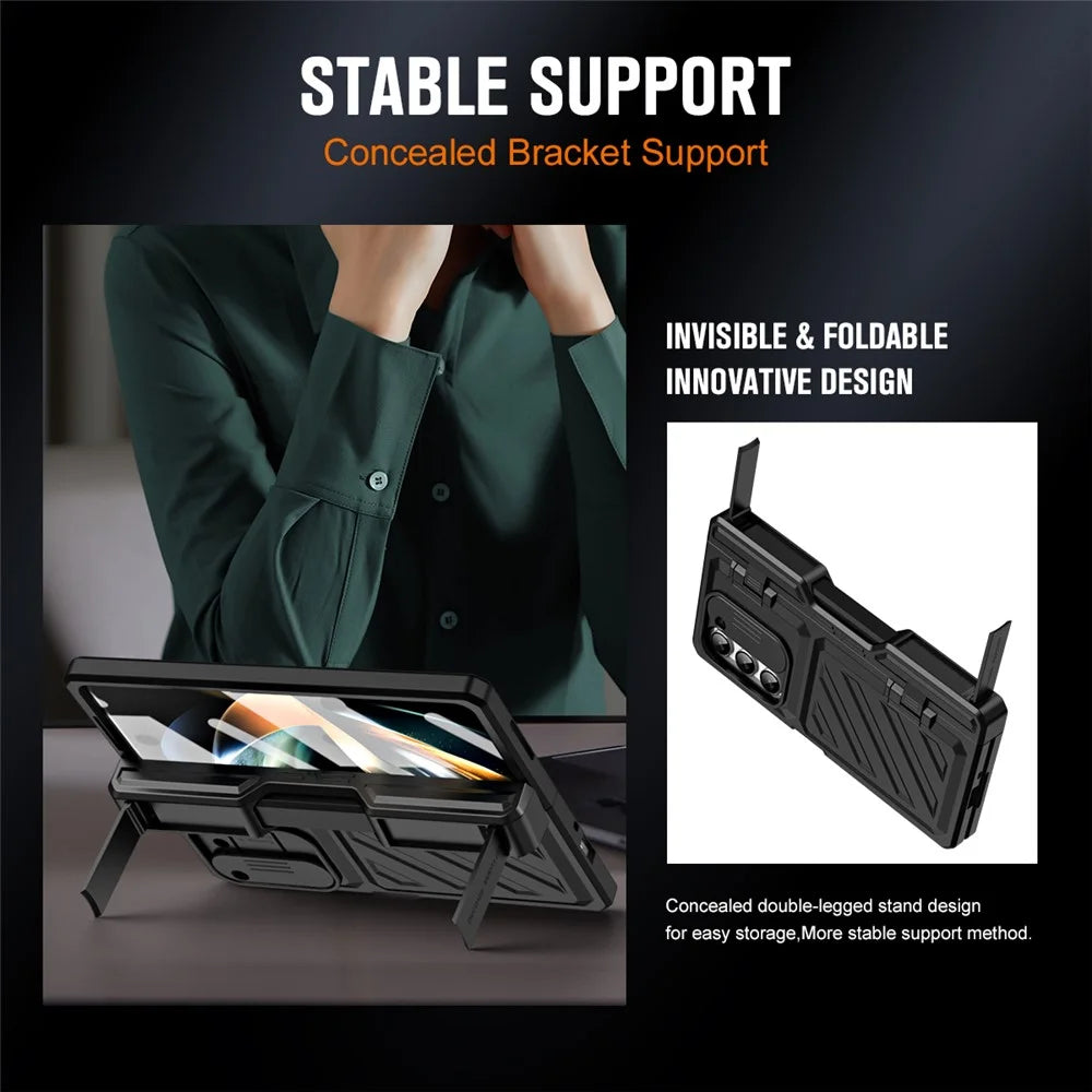 For Samsung Galaxy Z Fold5 5G Slide Camera Protection Phone Case Hard PC Kickstand Cover with Tempered Glass Film / Stylus - Black - 2