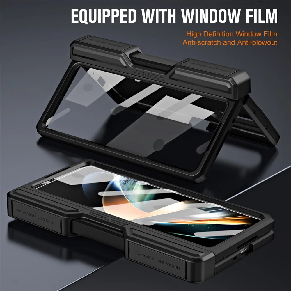For Samsung Galaxy Z Fold5 5G Slide Camera Protection Phone Case Hard PC Kickstand Cover with Tempered Glass Film / Stylus - Black - 3