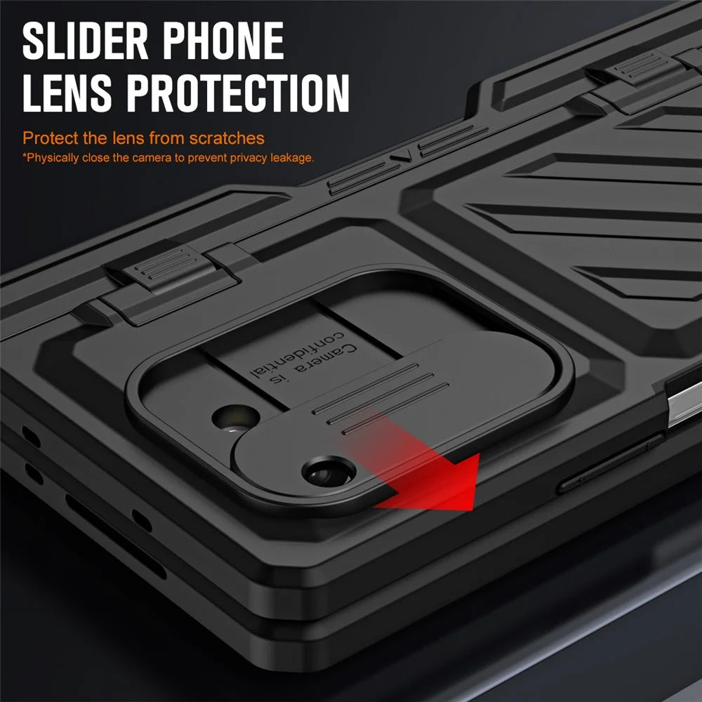 For Samsung Galaxy Z Fold5 5G Slide Camera Protection Phone Case Hard PC Kickstand Cover with Tempered Glass Film / Stylus - Black - 5