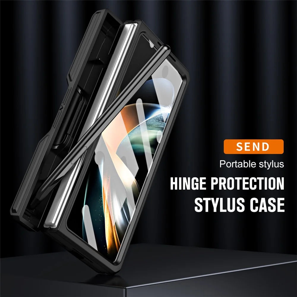 For Samsung Galaxy Z Fold5 5G Slide Camera Protection Phone Case Hard PC Kickstand Cover with Tempered Glass Film / Stylus - Black - 6