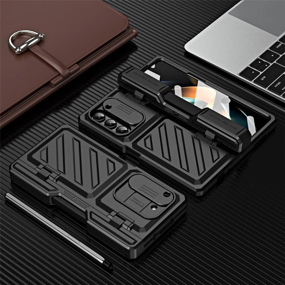 For Samsung Galaxy Z Fold5 5G Slide Camera Protection Phone Case Hard PC Kickstand Cover with Tempered Glass Film / Stylus - Black - 7