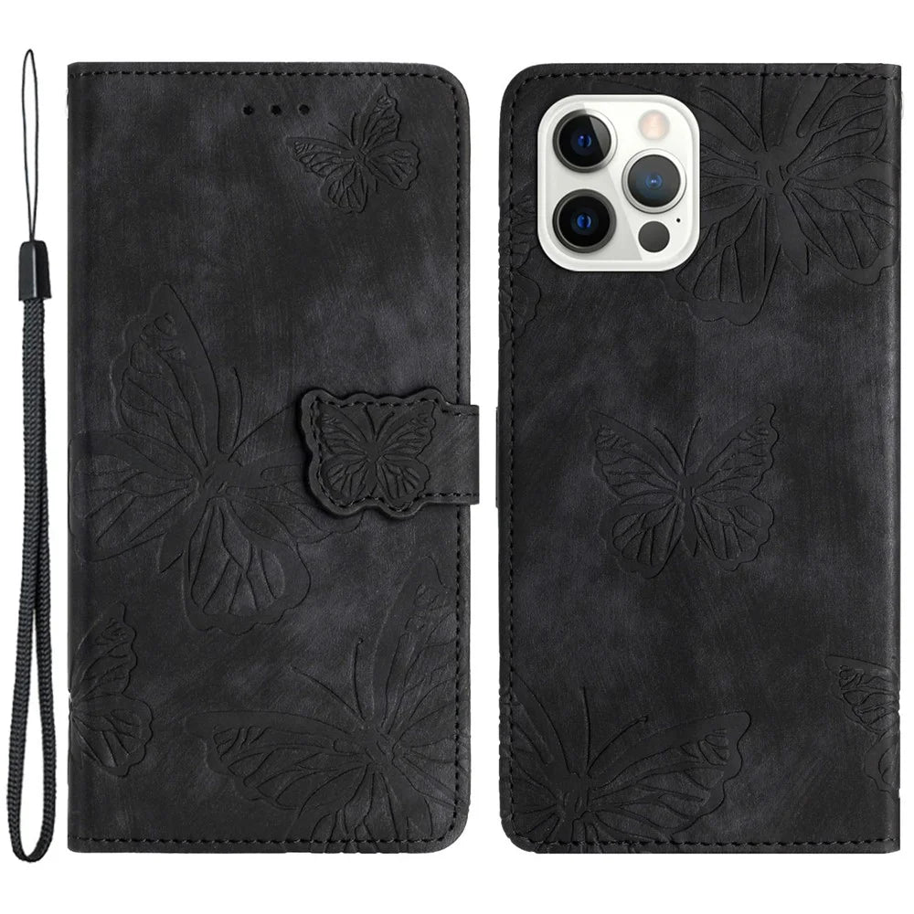 For iPhone 15 Pro Max Imprinted Butterflies Phone Case Skin-touch PU Leather Wallet Stand Cover with Strap - Black - 1