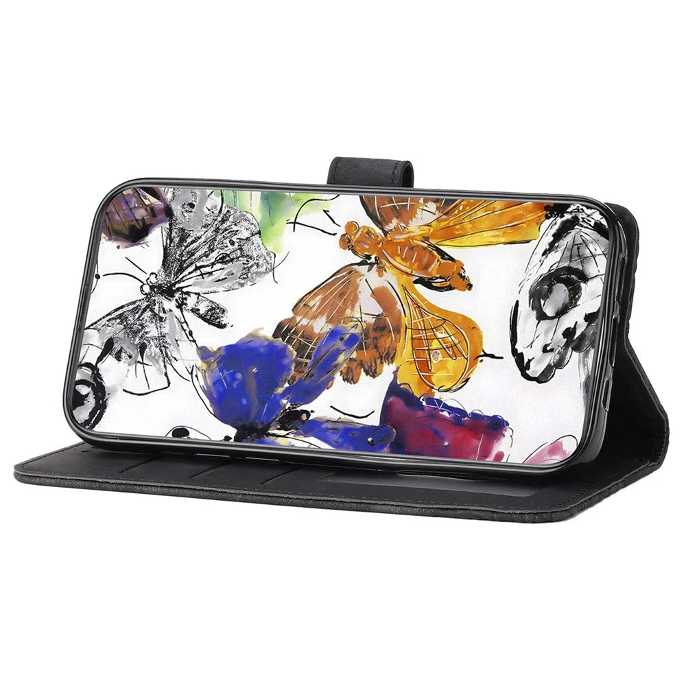 For iPhone 15 Pro Max Imprinted Butterflies Phone Case Skin-touch PU Leather Wallet Stand Cover with Strap - Black - 3
