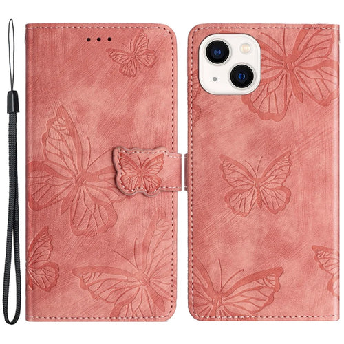 Imprinted Butterflies Phone Case for iPhone 15 , Skin-touch PU Leather Wallet Stand Cover with Strap - Pink - 1